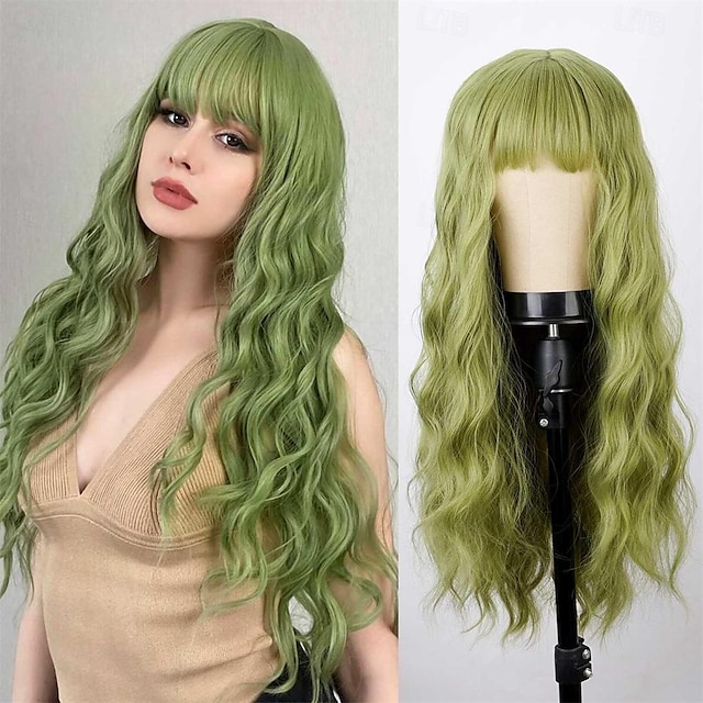  зеленый парик с челкой, мягкие длинные волнистые парики для женщин, вьющийся парик из синтетического волокна, замена парика, костюмы на Хэллоуин, парики для косплея, парики на день Святого Патрика
