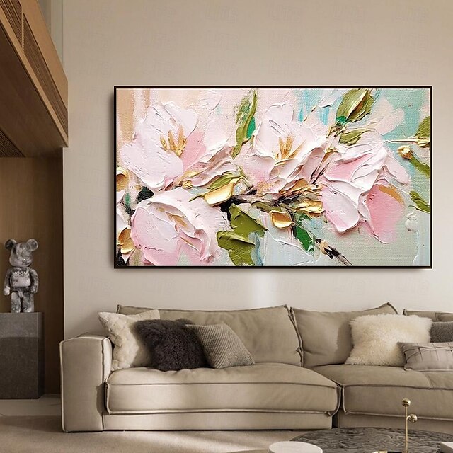 Hand painted 3D Flower Textured oil painting Wall Art Abstrat Pink Gold ...