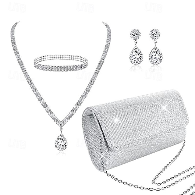  set de bijuterii pentru mireasă, la modă și minimalistă, brățară cu diamante, cercei, colier, paiete pu, geantă de mână, set de patru