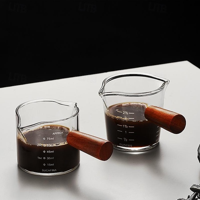  50-80 ml hőálló üveg espresso mérőpohár dupla szájú üveg tejeskancsó fa fogantyúval üveg mérleg mérő bögrék csésze