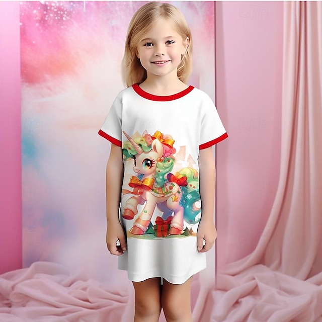  dívčí 3D kreslený jednorožec noční košile pyžamo krátký rukáv 3D tisk léto aktivní móda roztomilý polyester děti 3-12 let posádka krk domácí kauzální vnitřní regular fit