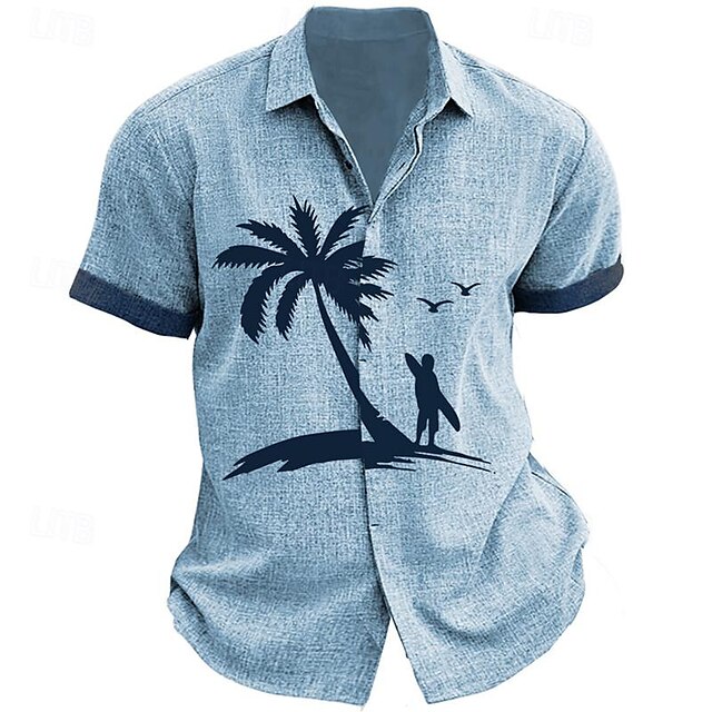  мужская деловая повседневная рубашка с 3D-принтом «Пальма», уличная одежда для работы, выход на улицу, летняя отложная рубашка с короткими рукавами, синяя, фиолетовая, зеленая, S, M, L, рубашка из