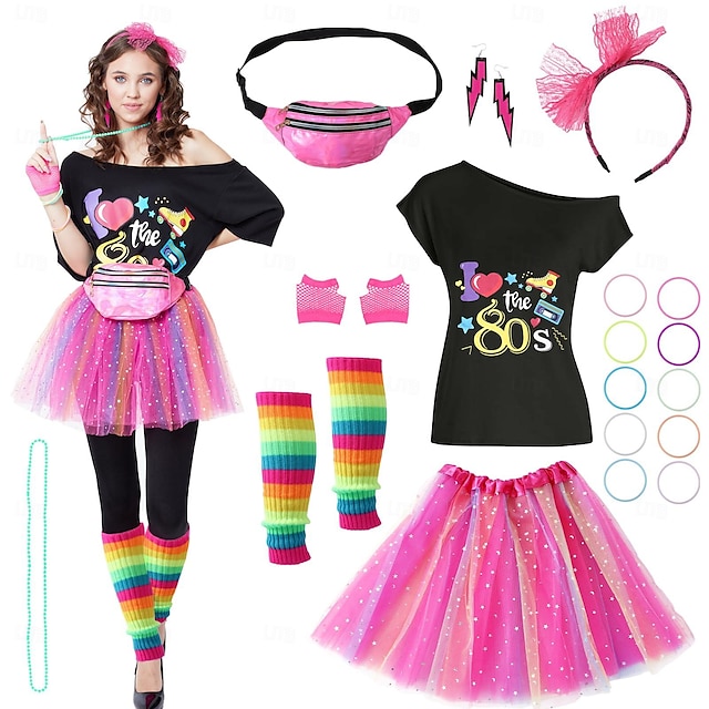  Retro / vintage Anii 1980 Tricou Set accesorii Pentru femei Halloween Carnaval Mascaradă Petrecere / Seara Parada Mândriei Luna Mândriei Adulți Fuste Mănuși Jambiere de Încălzit