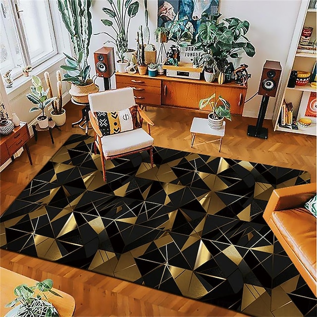  geometrisk sort gyllent område teppe kjøkkenmatte sklisikker oljetett gulvmatte stue teppe innendørs utendørs matte soverom dekor badsmatte inngangsteppe dørmatte