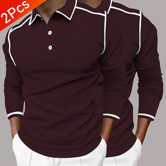  Multi Packs 2pcs Men's Lapel Long Sleeve Wine Red Polo Sport Polo Button Up Polos Splice Color Block Daily Wear Vacation Polyester Spring &  Fall