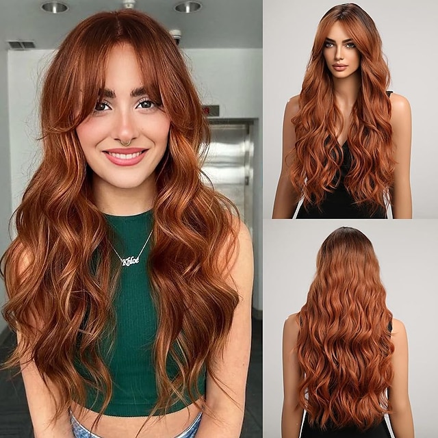  Orange Wig for Women Long Ombre Auburn Dark Roots Wavy Curly Heat Resistant Synthetic Wigs with Bangs Natural High Density Layered Hair for Cosplay Party Halloween 26In