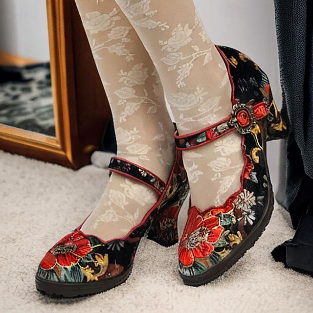  Γυναικεία Τακούνια Γόβες Δώρα Αγίου Βαλεντίνου Μέρι Τζέιν Vintage παπούτσια Πάρτι Ημέρα του Αγίου Βαλεντίνου Φλοράλ Λουλούδι Τακούνι Κώνος Τακούνι φαντασίας Στρογγυλή Μύτη Κομψό Βίντατζ Δέρμα Σατέν