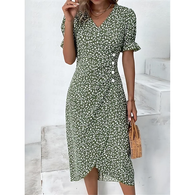  Women's Wrap Dress Floral Ditsy Floral Button Print V Neck Midi Dress Classic Daily Vacation Short Sleeve Summer Spring
