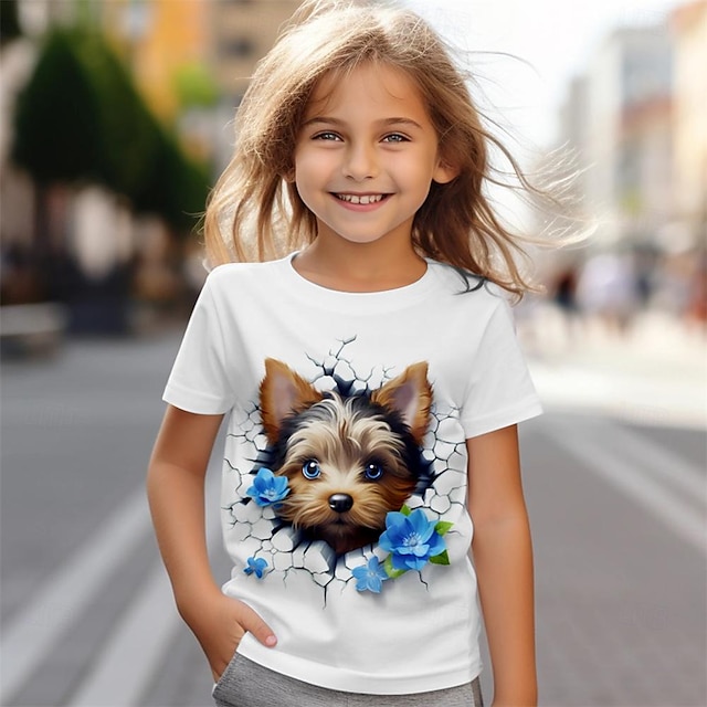  Flickor 3D Hund T-shirt Skjortor Kortärmad 3D-tryck Sommar Aktiv Mode söt stil Polyester Barn 3-12 år Rund hals Utomhus Ledigt Dagligen Normal