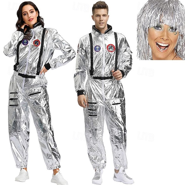  Astronauten-Cosplay-Kostüm für Erwachsene, Herren, Damen, Polyester, Maskerade-Trikot/Einteiler, Hut mit Kostüm-Perücken