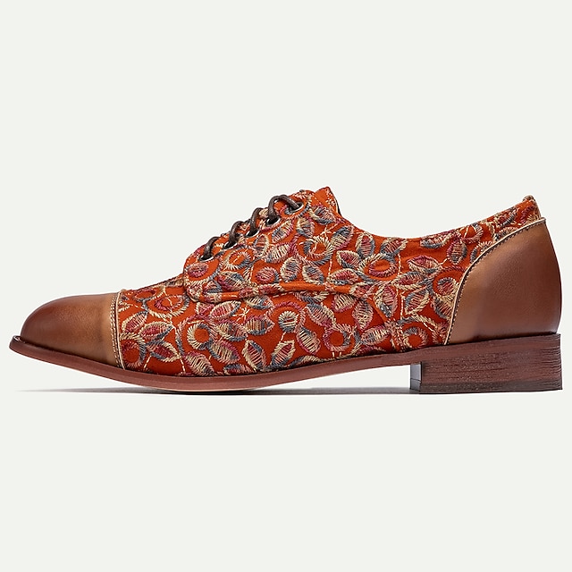  Men's Dress Shoes Brown Floral Printed Brogue Leather Italian Full-Grain Cowhide Slip Resistant Lace-up