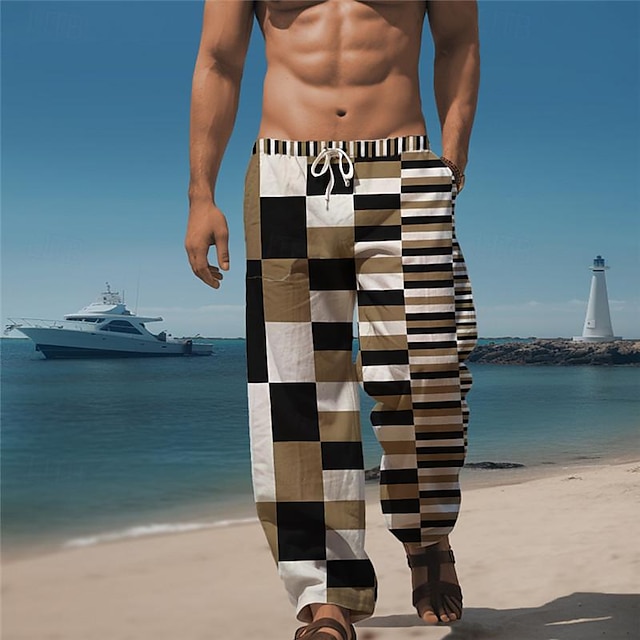  בלוק צבעוני משובץ לגברים נופש 3D מודפס מכנסיים קז'ואל מכנסיים אלסטיים שרוך מותן שרוך רופף בגזרה רופפת מכנסי חוף קיץ עם רגליים ישרות s עד 3xl