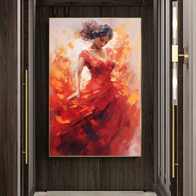  flemenco dansare röd klänning handmålad abstrakt oljemålning väggkonst oinramad duk figur flicka canvas present till hem väggdekoration
