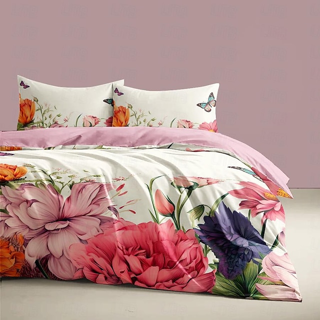  l.t.home Bettbezug-Set aus 100 % Baumwollsatin, wendbar, erstklassiges Elite-Bettwäsche-Set mit Blumenmuster und Fadenzahl 300