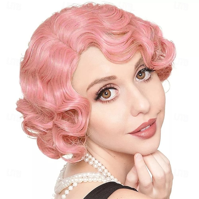  rövid rózsaszín göndör női paróka 1920-as évek ujjhullámú haj paróka puha szintetikus hőálló cosplay jelmez parti paróka