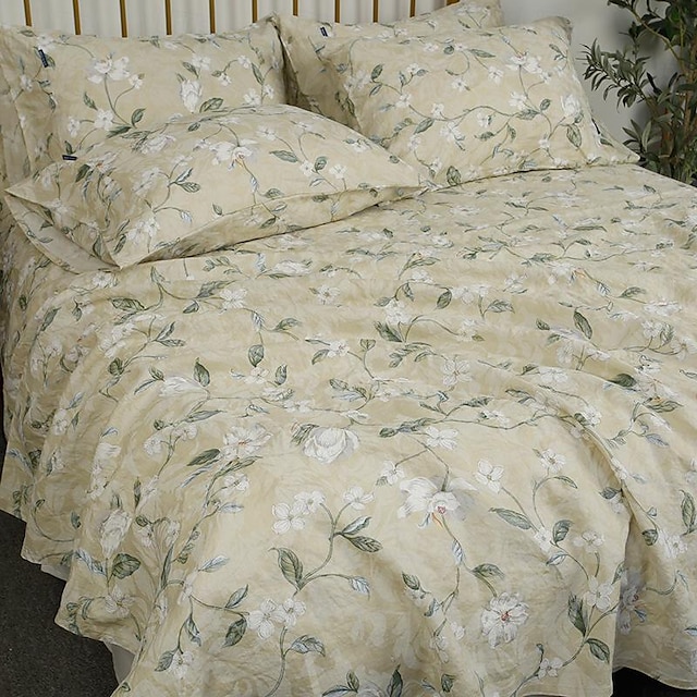  Juego de funda de almohada de sábana plana de lino 100%, juego de cama de granja suave y transpirable de lino lavado francés natural con estampado floral