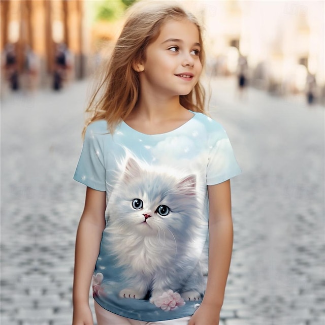  Jente 3D Katt T-skjorte Skjorter Rosa Kortermet 3D-utskrift Sommer Aktiv Mote søt stil Polyester Barn 3-12 år Crew-hals utendørs Avslappet Daglig Normal