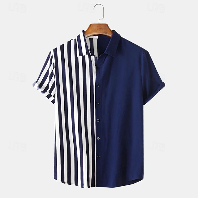 Men's Summer Shirt Casual Shirt Beach Shirt Button Up Shirt Striped Shirts Black Yellow Deep Blue Short Sleeve Color Block Striped Lapel Vacation Hawaiian Patchwork Clothing Apparel Polyester Fashion 7