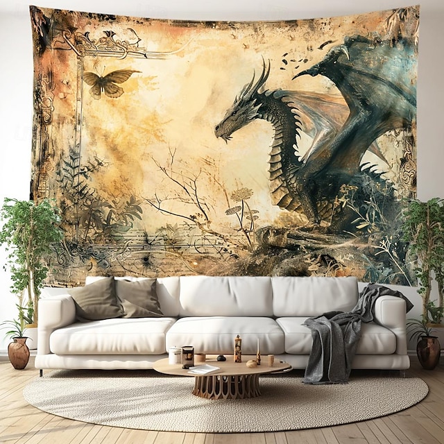  Tapiz colgante de dragón vintage, arte de pared, tapiz grande, decoración mural, fotografía, telón de fondo, manta, cortina, hogar, dormitorio, sala de estar