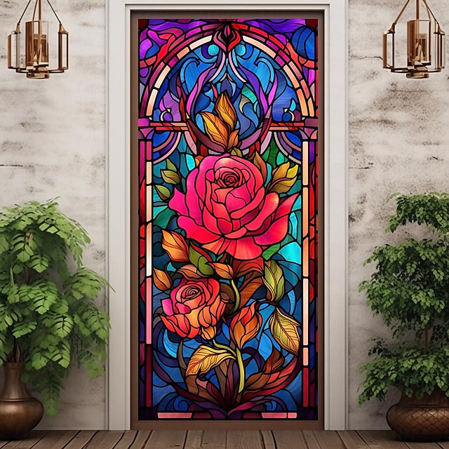  Rosas de vidrieras cubiertas de puertas decoración mural tapiz de puerta decoración de cortina de puerta telón de fondo pancarta de puerta extraíble para puerta de entrada interior al aire libre