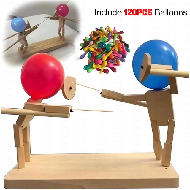  ręcznie robione drewniane lalki do szermierki, gra bitewna z balonowym bambusowym człowiekiem dla 2 graczy, gry towarzyskie walnięcie balonem z 20 sztuk balonów lub zawiera 120 sztuk balonów, wykałaczki jako miecze (montaż samodzielnie)