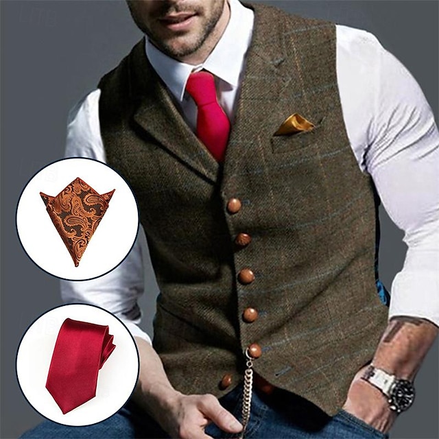  Men's Matching Sets Deep Green Vest Waistcoat Sets Sleeveless Lapel Formal Wedding Plaid Pocket Polyester Spring &  Fall