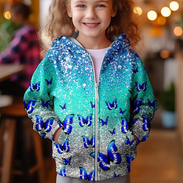 Dla dziewczynek 3D Motyl Bluza z Kapturem Płaszcz Odzież wierzchnia Różowy Długi rękaw Jesień Zima Aktywny Śłodkie Moda miejska Dzieci 3-12 lat Suwak Ulica Codzienny Regularny