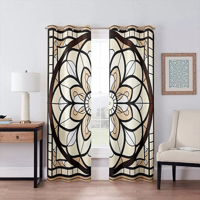  2 Panels 100% Blackout Curtain Stained Glass Mandala Curtain Drapes For Living Room Bedroom Kitchen Window Treatments Thermal Insulated Room Darkening