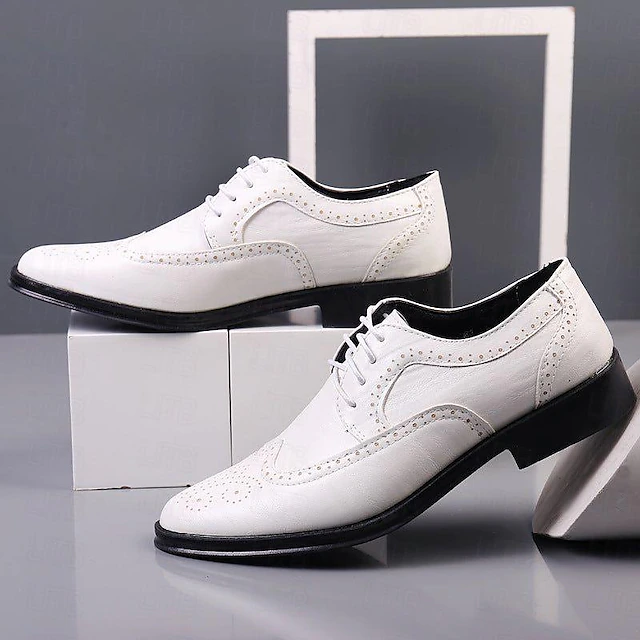 Men's White Brogue Oxford Dress Shoes - Classic Formal Lace-up Faux Leather Shoes for Weddings, Parties, and Business Wear 8