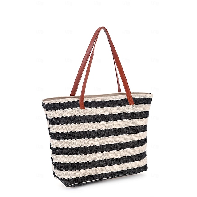  Women's Tote Polyester Boho Bohemia Holiday Beach Large Capacity Breathable Striped Black Blue Beige