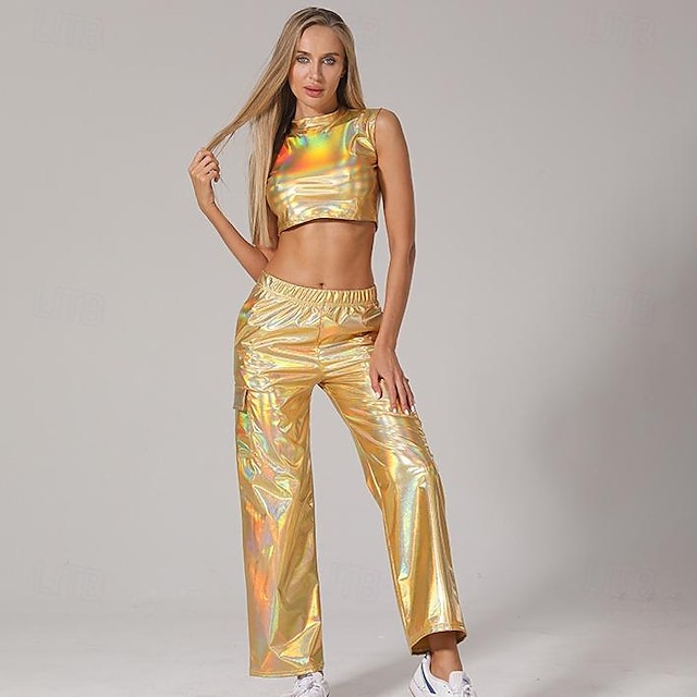  Set with Shiny Metallic Crop Tank Top Cargo Pants 2 PCS 1980s Hip Pop Outfits Abba Costume Women's Cosplay Costume Carnival Club Party