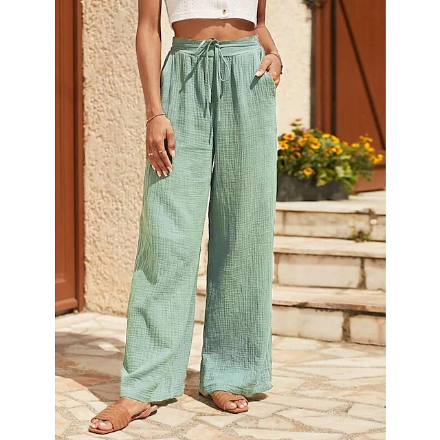 Women's EU / US Size Cotton Linen Pants Straight Comfort Trousers Full Length Natural Plain Drawstring Comfy Inelastic Daily Wear Casual Daily Apple Green Black Walnut Spring Fall & Winter Loose Fit 9