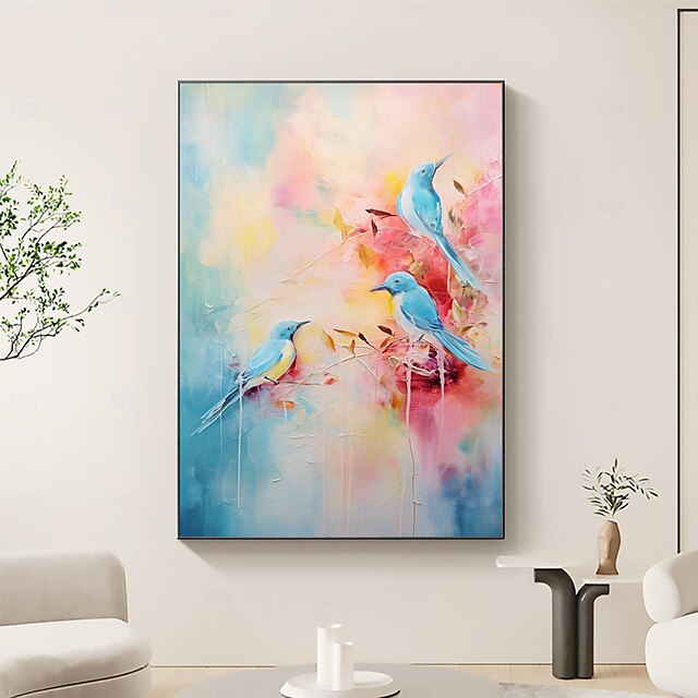  Handmade Original Birds Oil Painting On Canvas Wall Art Pink art for Home Decor With Stretched Frame/Without Inner Frame Painting