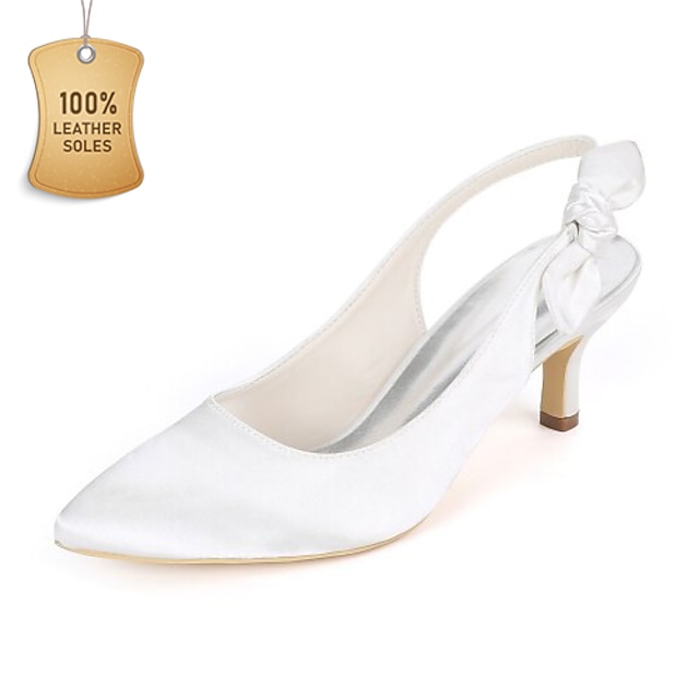 Mulheres Sapatos De Casamento Sapatos de noiva Laço Calcanhar slingback Dedo Apontado Elegante Cetim Banda Elástica Preto Branco Marfim