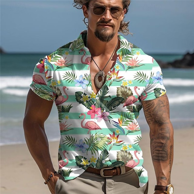  قميص Flamingos الرجالي Resort Hawaiian مطبوع ثلاثي الأبعاد بأزرار لأعلى وأكمام قصيرة قميص شاطئ صيفي للإجازات وارتداء يومي S إلى 3XL