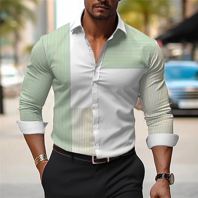 Men's Dress Shirt Printed Shirts Stripe Outdoor Wear to work Violet Fuchsia Green Long Sleeve Turndown Spring & Summer Clothing Apparel Print 7
