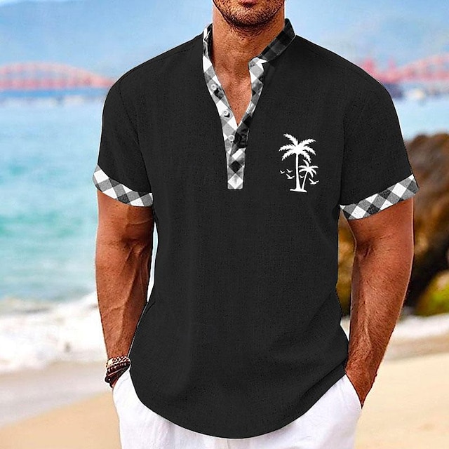  Plaid Coconut Palm Men's Resort Hawaiian 3D Print Shirt Henley Shirt Button Up Shirt Summer Shirt Holiday Vacation Going out Spring & Summer Stand Collar Henley Collar Short Sleeve Black White Blue