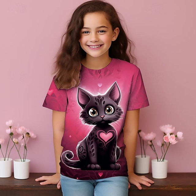  女の子 3D カートゥン 猫 Ｔシャツ シャツ ピンク 半袖 3Dプリント 夏 活発的 ファッション かわいいスタイル ポリエステル 子供 3〜12年 クルーネック アウトドア カジュアル 日常 レギュラー