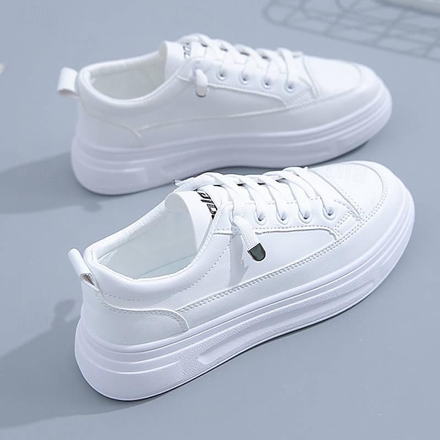  Women's Sneakers White Shoes Platform Sneakers Daily Platform Round Toe Sporty Casual Minimalism Walking PU Lace-up Black White