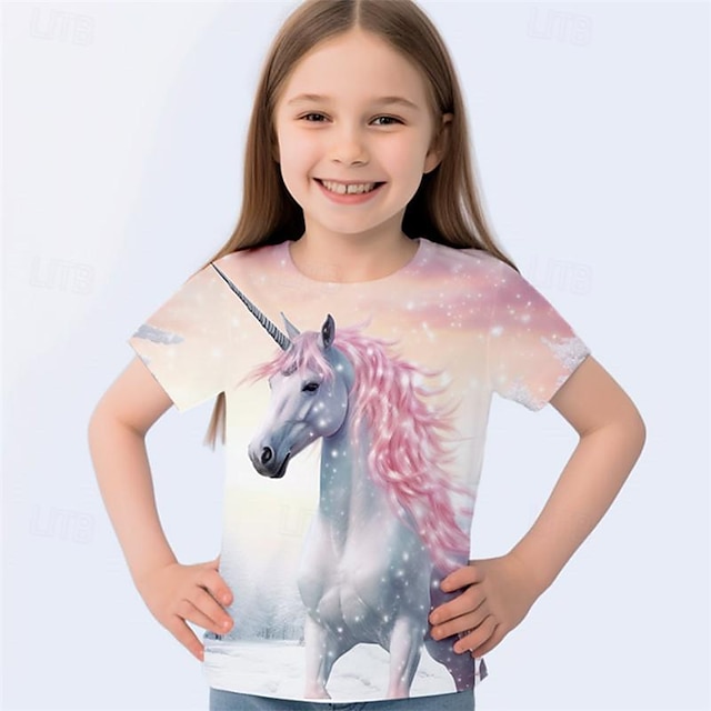  Voor meisjes 3D Eenhoorn T-shirt Overhemd Roze Korte mouw 3D-afdrukken Zomer Actief Modieus leuke Style Polyester Kinderen 3-12 jaar Strakke ronde hals Buiten Casual Dagelijks Normale pasvorm