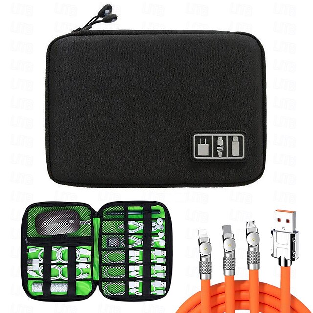  conjunto de cabo de carregamento 3 em 1 e bolsa organizadora de cabos, bolsa de armazenamento digital organizador de cabo de dados para fone de ouvido bolsa de fio caneta power bank kit de viagem