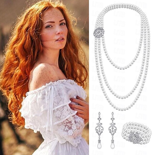  Orange Wig for Women Long Water Wave Synthetic Hair Wigs Ginger Wig With Great Gatsby Accessories Set Necklace Earrings Bracelet