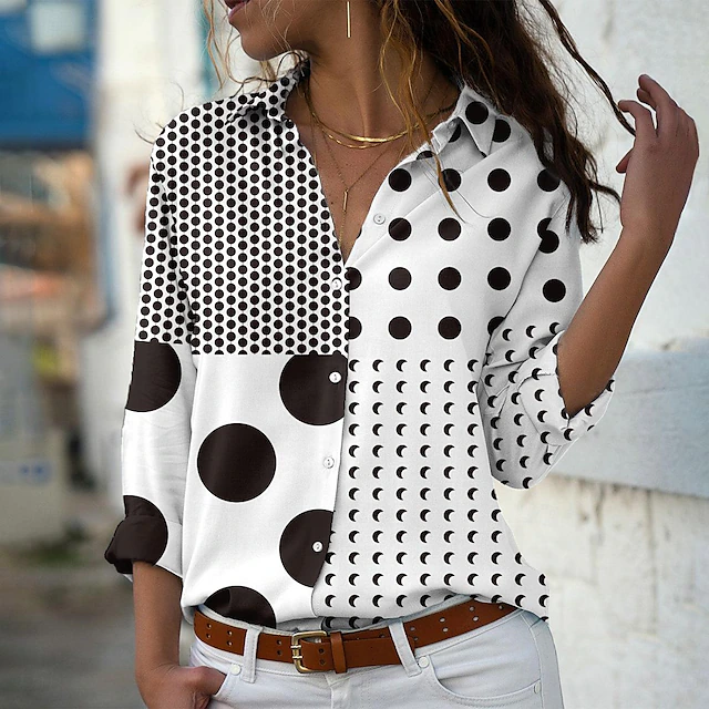 Women's Shirt Button Down Tunic Shirt Collar Long Sleeve Fashion s Print Regular Tops Casual White Spring & Fall 10
