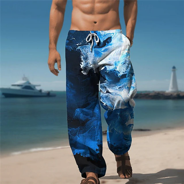 Waves Men's Resort 3D Printed Casual Pants Trousers Elastic Waist Drawstring Loose Fit Straight-Leg Summer Beach Pants S TO 3XL 9