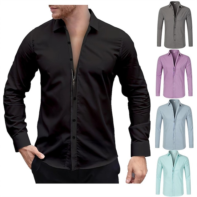  Men's Dress Shirt Button Up Shirt Light Blue Black White Long Sleeve Plain Lapel Spring &  Fall Wedding Daily Clothing Apparel Collared Shirts