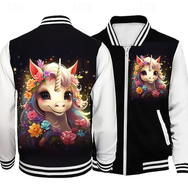  Girls' 3D Floral Unicorn Jacket Pink Long Sleeve Spring Fall Winter Active Cute Streetwear Polyester Kids 3-12 Years V Neck Zip Street Daily Regular Fit