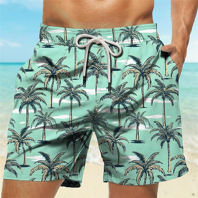  Palm Tree Tropical Resort para hombre, pantalones cortos con estampado 3D, pantalones cortos de natación, bañador, bolsillo con cordón con forro de malla, comodidad, transpirable, corto, estilo