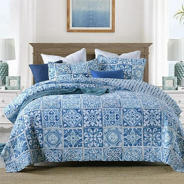 100 % bomull patchwork mønster quilt sett, king queen size sengeteppe sett for hele sesongen, lett overdimensjonert bohemsk sengesett