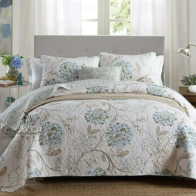  綿100%の花柄キルトセット、キングクイーンサイズのベッドスプレッドカバーレットセット、オールシーズン対応、軽量特大寝具セット。