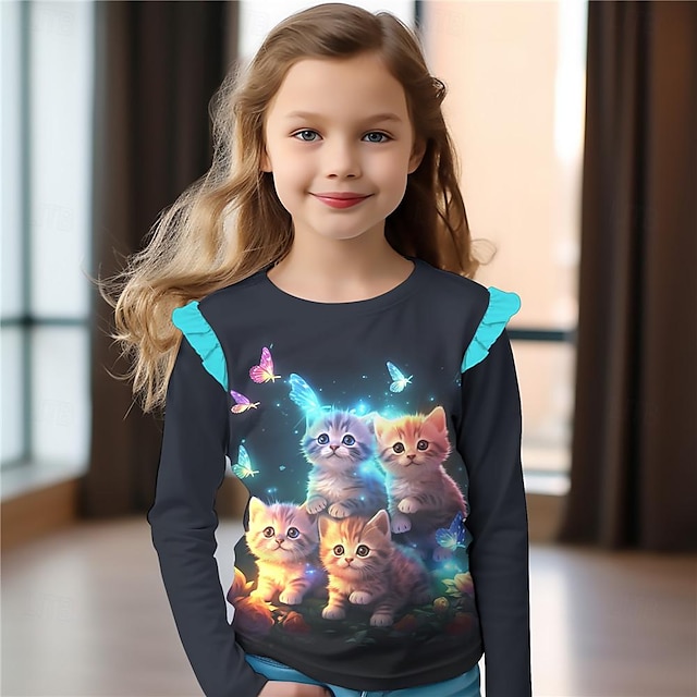  dívčí 3D tričko s volánkem pro kočky dlouhý rukáv 3D tisk jaro podzim aktivní móda roztomilý polyester děti 3-12 let posádka krk venkovní ležérní denní regular fit